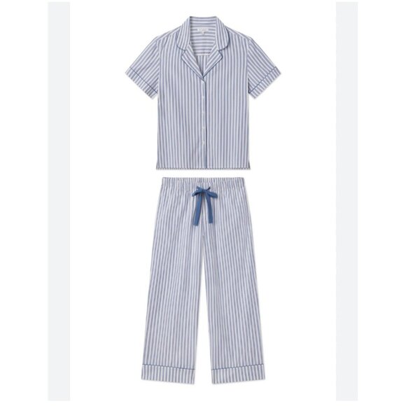 Lake L Poplin Chloe Pajama Set Seaport Shoreline Stripe Blue White 2 Pc Cotton - Picture 3 of 15